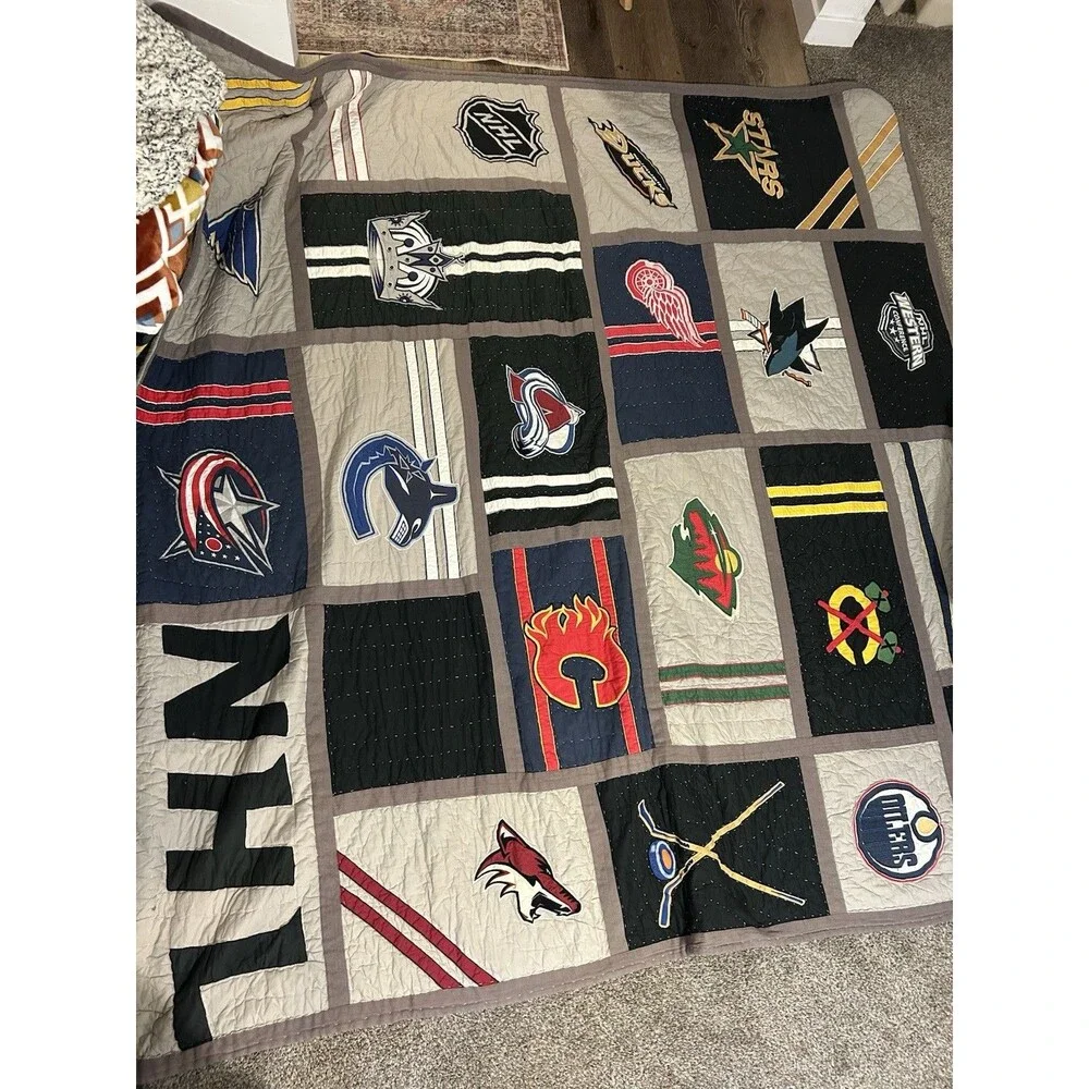Pottery Barn PB Teen NHL Hockey Patchwork Quilt Eastern Team Logos 84x82”